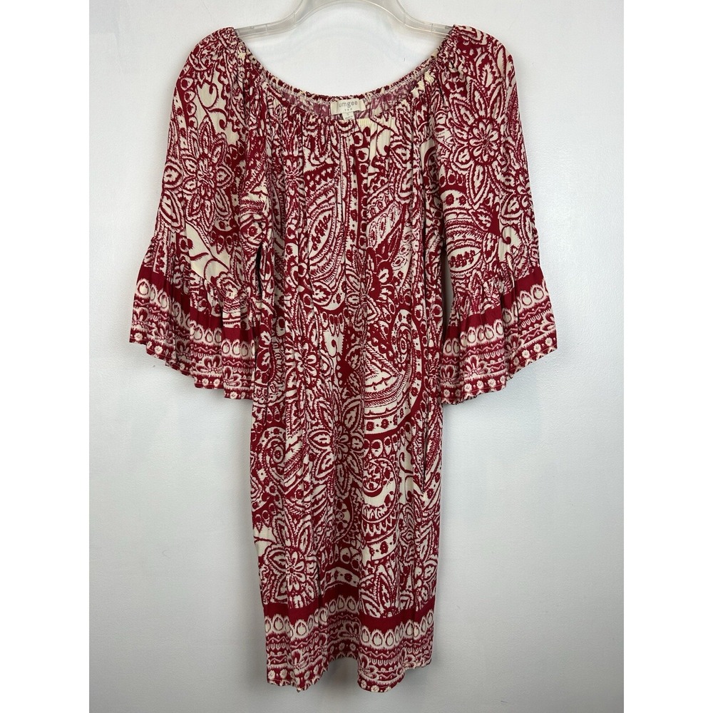 Umgee Tunic Dress Woman S Bell Sleeves Red Ivory Boho Pockets Hippie Cottagecore